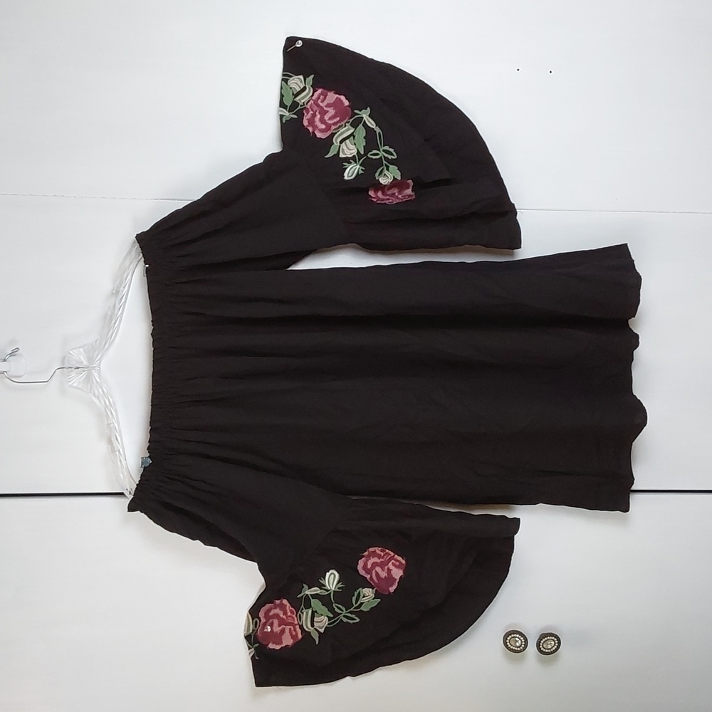 Blue Rain/Francesca's Black Tunic Off/ On Shoulder Floral Sleeves Boho Sz.M